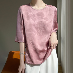 24中式立体提花仿真丝衬衫夏季盘扣复古宽松显瘦圆领中袖国风上衣