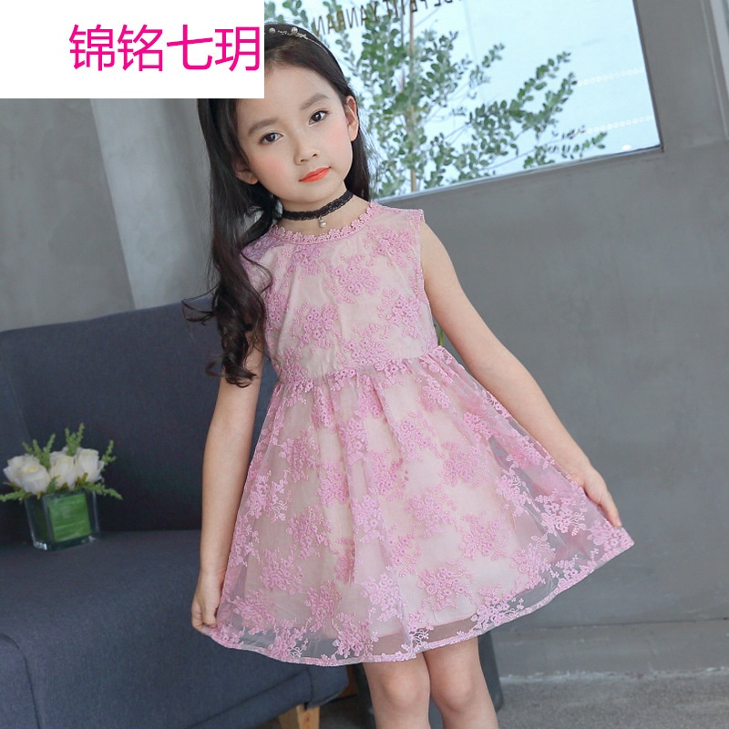 锦铭七玥2018夏季新款韩版女童装小花领漏背无袖中小儿童连衣童裙一件代发