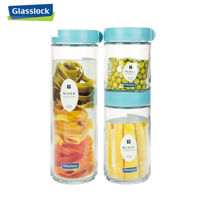 三光云彩（GLASSLOCK）IG588储物罐套装韩国进口玻璃密封盒五谷杂粮积木重叠圆桶形食品罐3件套冰箱侧门透明收纳瓶