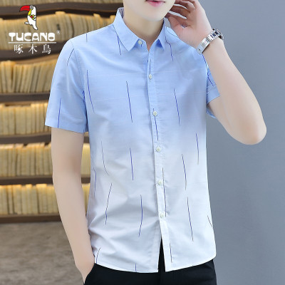 啄木鸟衬衫男2021夏季新品短袖男装男士渐变衬衣百搭商务上衣正装休闲韩版透气时尚