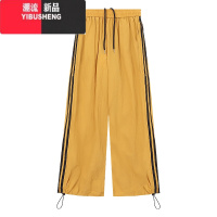 YIBUSHENG美式复古撞色条纹裤子阔腿裤女季宽松运动休闲裤直筒裤