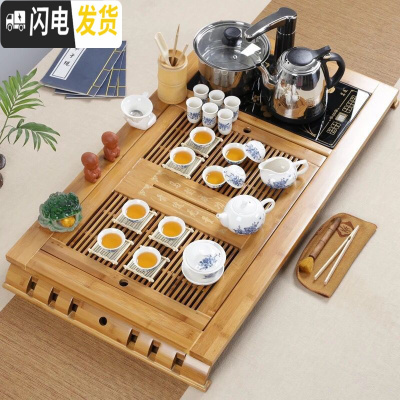 三维工匠实木茶盘套装带电磁炉四合一体茶台陶瓷功夫紫砂茶杯整套家用 套装18:马到成功富贵牡丹套