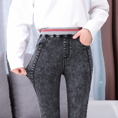 班俏BANQIAO牛仔裤女2020秋季新款松紧腰高腰九分大码胖mm显瘦百搭铅笔裤修身小脚