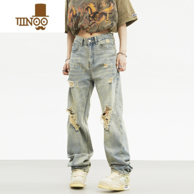 YANXUDOSNAKE 复古破洞裤子美式高街男小众设计感法式直筒牛仔裤宽松潮