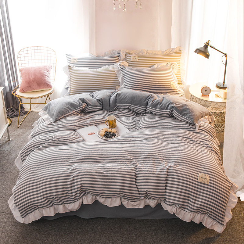 春夏水洗棉四件套公主风色织纯色床单被芯棉简约被套条纹床上用品