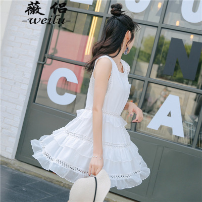 薇侣2018新款雪纺无袖A字蓬蓬裙层层短裙8865#