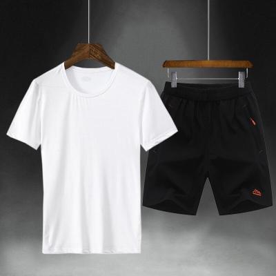 珂卡慕(KEKAMU)加肥码胖子新款男士T恤套装夏季潮流男装短裤SYL9600白衣黑裤M