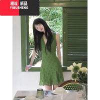 YIBUSHENG韩系法式绿色连衣裙女V领收腰显瘦背心A字裙ins风显白连衣裙季
