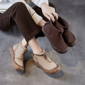 复古短靴女秋季新款头层牛皮休闲高帮舒适妈妈鞋后拉链马丁靴