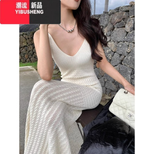 YIBUSHENG高级感优雅针织连衣裙吊带长裙女内搭修身显瘦钩花镂空包臀背心裙