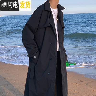 HLCOMAN秋冬中长款过膝风衣男2020新款男士韩版潮流帅气大衣黑色披风外套风衣