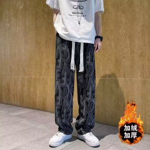 美式高街灯芯绒休闲裤男字母满印复古时尚潮流宽松直筒裤