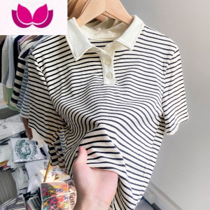 七斓Polo领条纹短袖T恤女宽松韩版ins潮半袖2023夏季新款打底百搭上衣