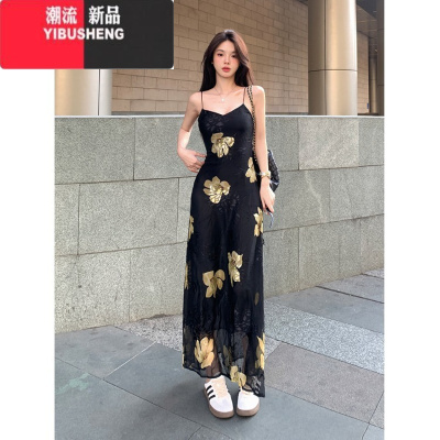 YIBUSHENG曼陀罗印花吊带连衣裙女2024春季新款法式气质修身收腰显瘦长裙子