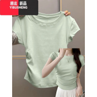 YIBUSHENG薄荷绿季正肩绿色短袖t恤女抹茶绿修身半袖2024新款上衣曼波风