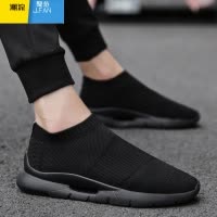 聚范夏季透气男鞋2024新款网鞋运动休闲一脚蹬飞织袜子全黑色百搭潮鞋