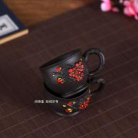 家柏饰(CORATED)紫砂杯功夫茶具茶杯套装紫砂茶具彩绘整套茶杯梅花带手把防烫茶碗