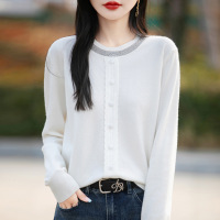 春季新款圆领烫钻针织假开衫女宽松包扣长袖毛衣显瘦外穿上衣