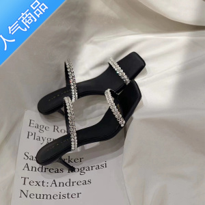 SUNTEK羊皮版!拖鞋女外穿2023年夏季新款水钻细跟仙女风一字带高跟凉拖