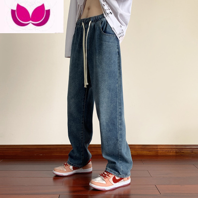 七斓春季男生牛仔裤男直筒宽松裤子休闲松紧腰系带青少年高中初中学生