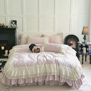 冬季法式花奶油风牛奶绒四件套加厚珊瑚绒镂空蕾丝被套公主床裙