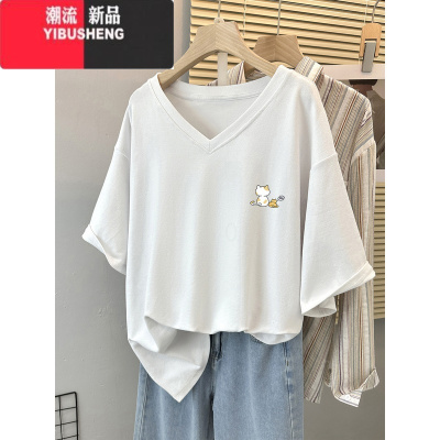 YIBUSHENG胖mm正肩短袖T恤女2024季新款宽松显瘦大码半袖体恤V领上衣