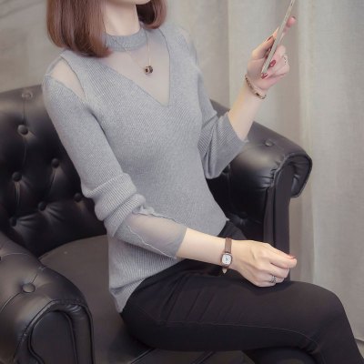 语娄大码女装超仙网纱拼接长袖上衣内搭针织衫胖mm宽松显瘦针织打底衫2021大码女装