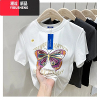 YIBUSHENG欧洲站短袖t恤女欧货季新款潮牌蝴蝶印花短款上衣女半袖
