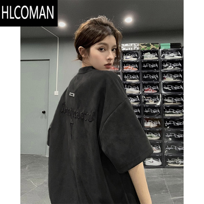HLCOMAN短袖t恤男夏季新款美式复古痞帅刺绣潮牌宽松绒半袖体恤