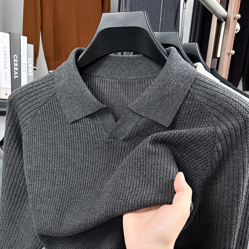 菠萝纹海鸥领纯棉针织衫男长袖T恤秋季新款舒适透气男士毛衣