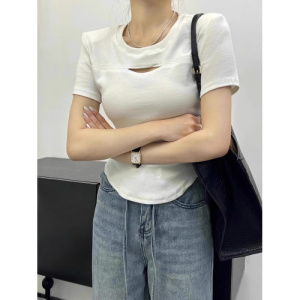 黑色镂空正肩短袖T恤女夏季新款不规则设计感小众短款学生上