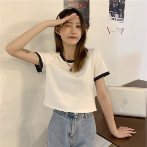 设计感拼接短袖T恤女夏韩国女装短款高腰撞色修身上衣 时尚装