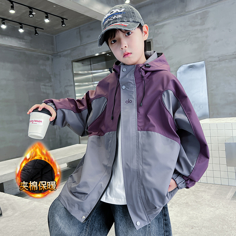 男童加厚外套秋冬款新款男孩夹棉风衣儿童装青少年冲锋衣冬装