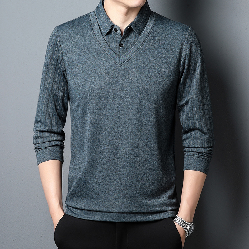 男士POLO 春秋季长袖假两件条纹翻领T恤中年宽松休闲男装