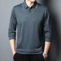 男士POLO 春秋季长袖假两件条纹翻领T恤中年宽松休闲男装