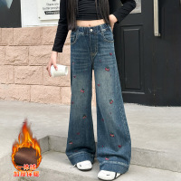 女童牛仔裤冬装新款初中生裤子女大童加绒直筒裤13岁女孩长裤