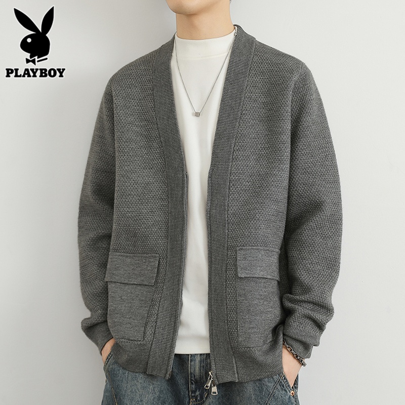 花花公子开衫毛衣男士针织衫2025年春季韩版潮流休闲灰色外套男款