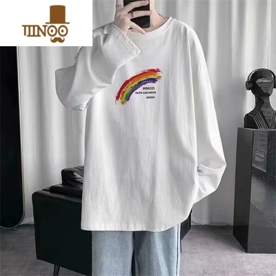 YANXU220g长袖t恤男士白色打底衫内搭卫衣oversize港风上衣服