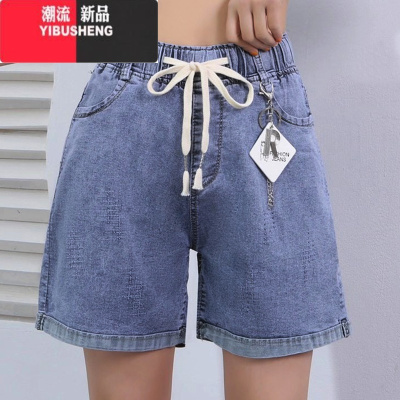 YIBUSHENG学生牛仔短裤女2024季新款初中高中松紧腰抽绳弹力阔腿休闲裤薄