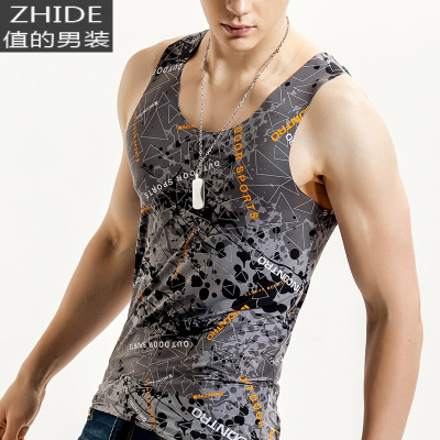 SUNTEK男士无痕背心男潮冰丝迷彩运动健身修身型青年紧身印花无袖坎肩男马甲/背心