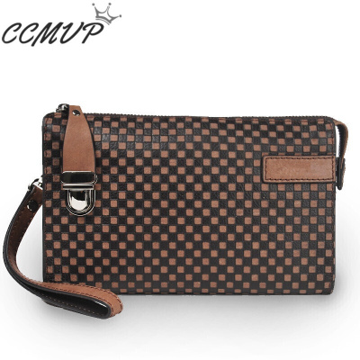 CCMVP品牌自营质量保证-CCMVP商务休闲格纹手包真皮男士手抓包软皮简约复古格子手拿包