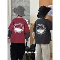 童酷男童秋季新款山系个性印花宝宝上衣拼色假两件儿童T恤潮