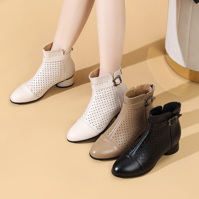 2026春夏季软底凉靴后拉链镂空透气洞洞马丁靴女中跟复古牛皮网靴