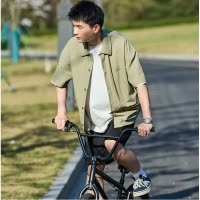 [2.5折价66元]唐狮夏季新款泡泡纱短袖衬衫男翻领下摆双口袋日系复古衬衣外套潮