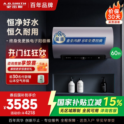 AO史密斯60升电热水器 国家补贴 金圭内胆 双棒分离速热 免换镁棒 免清洗短款 E60ED8-B