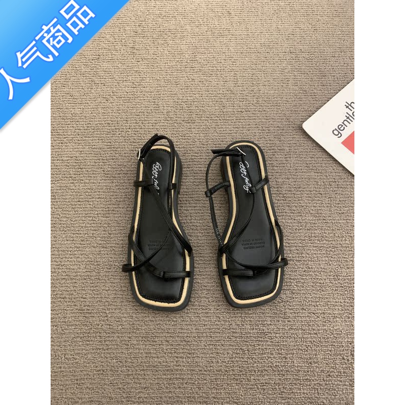 SUNTEK韩版简约百搭细带凉拖女鞋仙女鞋法式复古套趾低跟晚风凉鞋2023夏