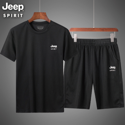 JEEPSPIRIT吉普夏季套装男短袖T恤宽松肥佬装男士运动健身休闲装两件套