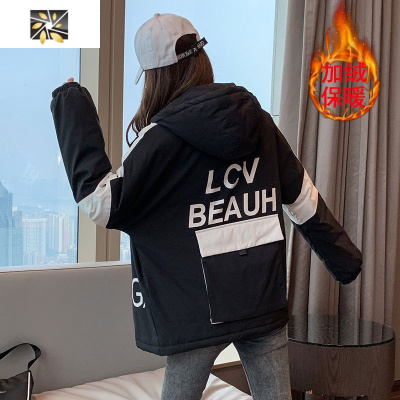 暖青汇大码工装风派克服棉服女小个子冬季韩版宽松加绒加厚款羔毛外套大码女装