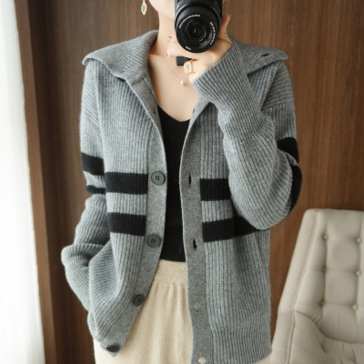 秋冬季纯羊绒开衫女麻花加厚毛衣宽松慵懒长袖可翻领羊毛针织外套