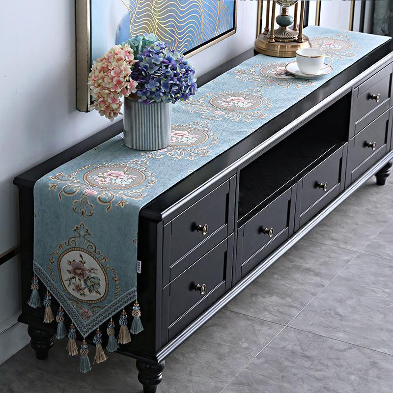 家柏饰(CORATED)欧式长条电视柜桌布茶几装饰布鞋柜布盖巾五斗柜餐边柜餐桌长桌旗 清歌蓝色 32*260cm